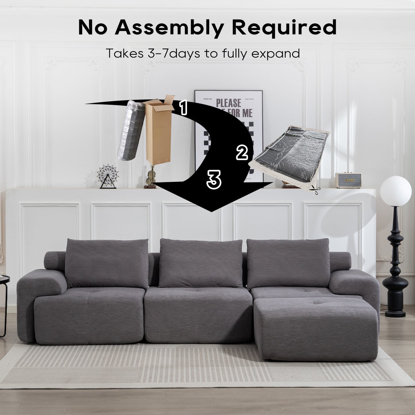 L-Shaped Sectional Sofa Bed – No Assembly, Memory Foam, Steel Frame (Grey/Green)
