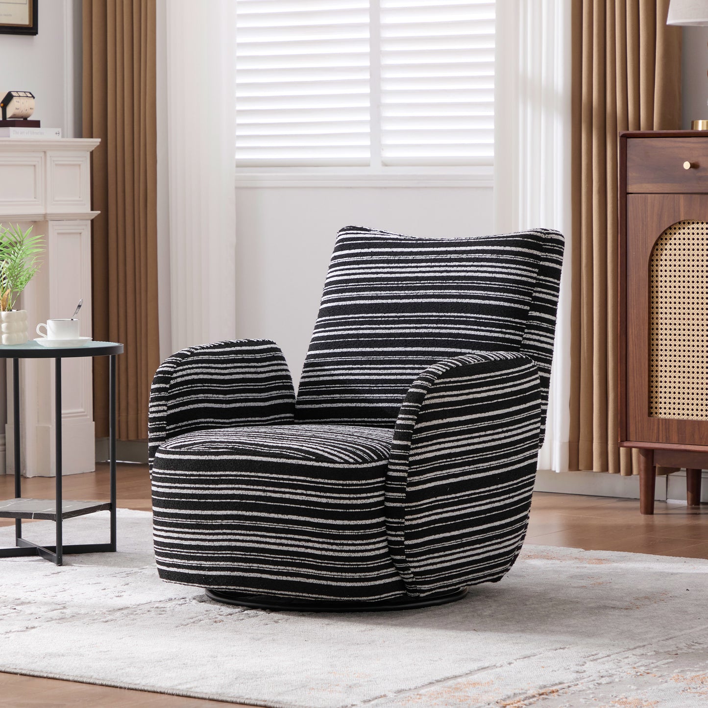 Swivel Leisure Chair | Fabric Striped Armrest Swivel Chair with Sand-Rimmed Fabric Metal Bracket – Boucle
