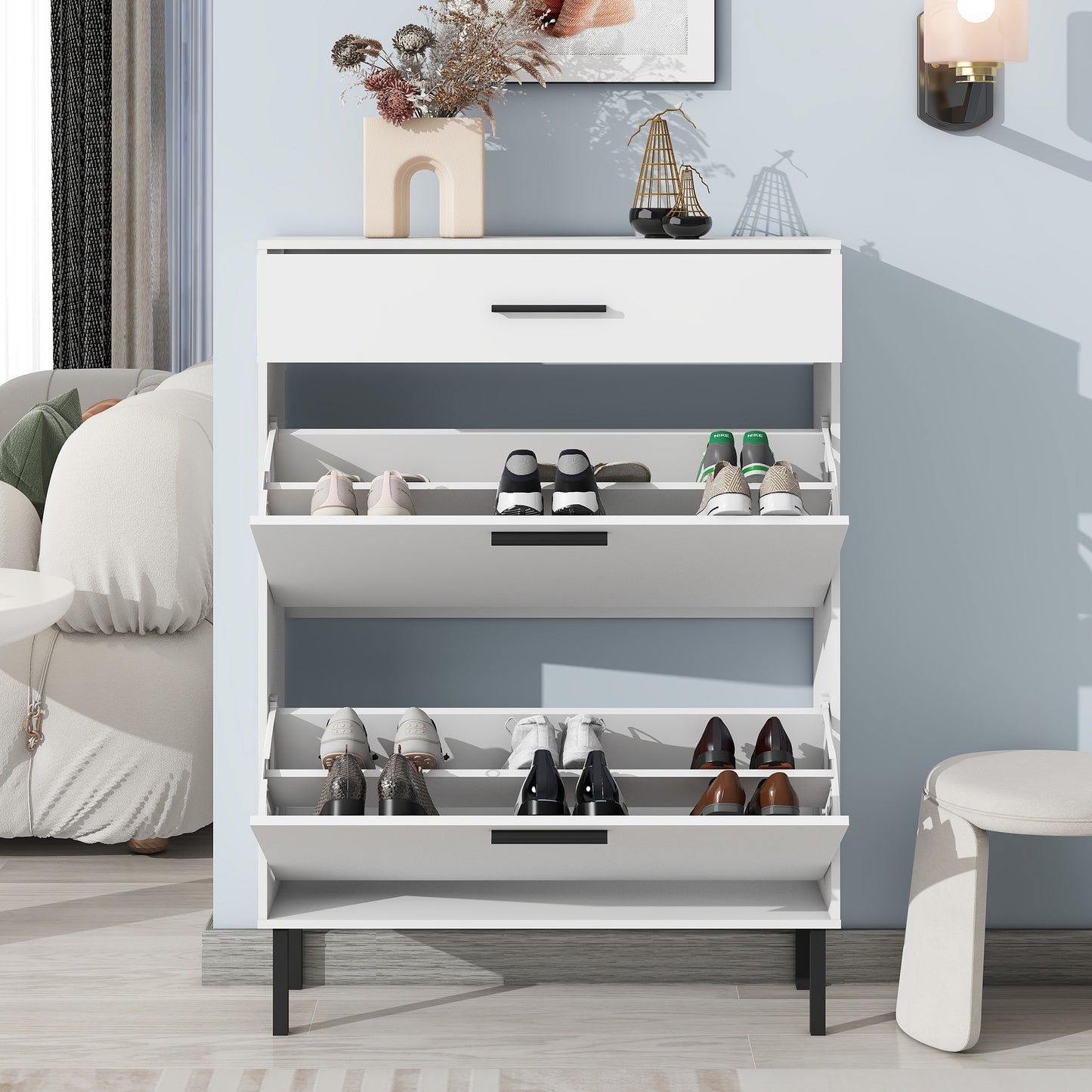 Shoe Cabinet, Freestanding Shoe Rack Storage Organizer with Drawers & Metal Legs