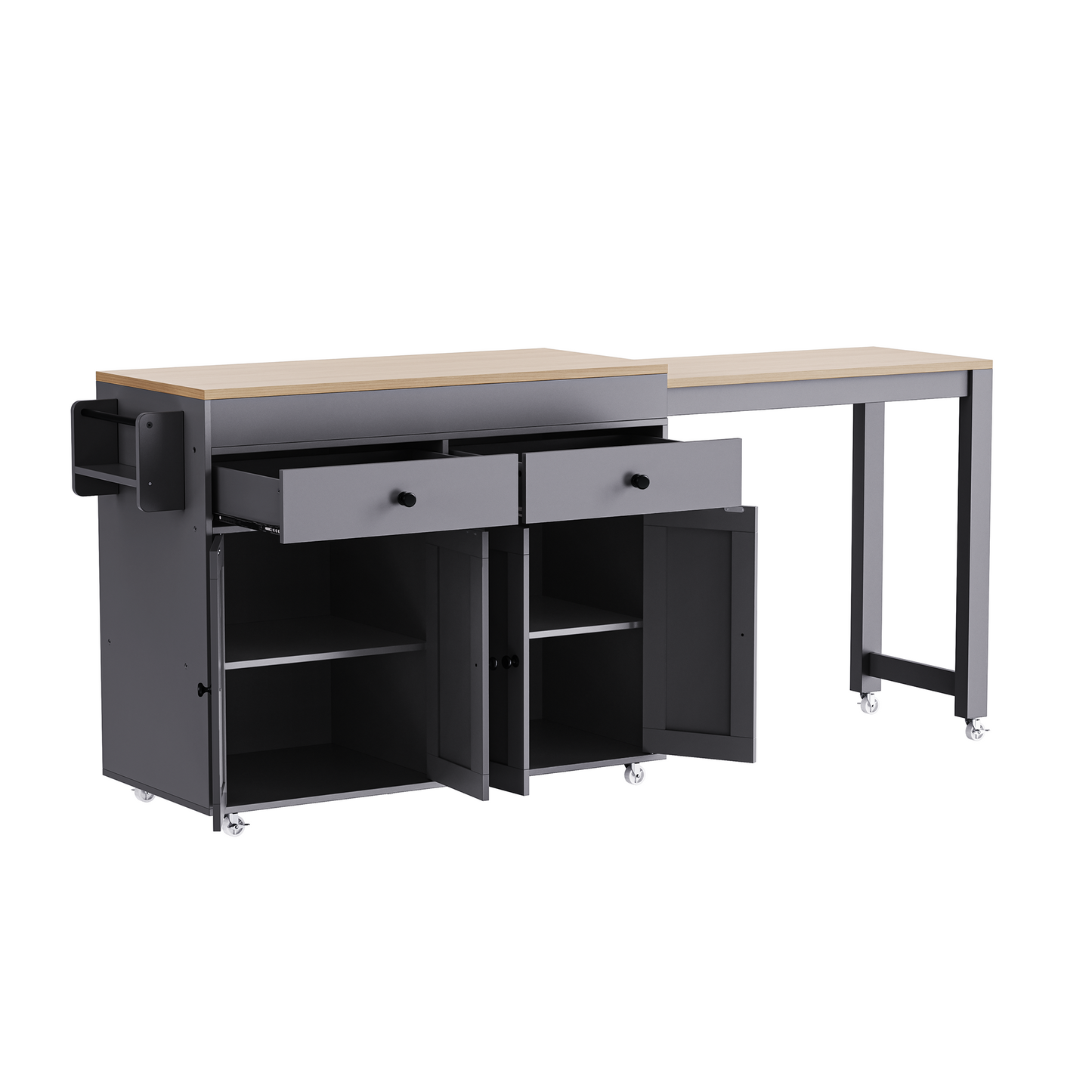 74.5" Kitchen Island - Extendable Table, Rolling Cart