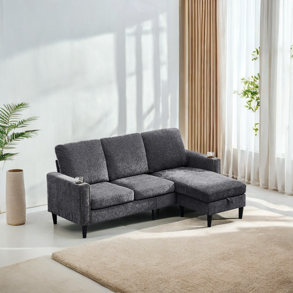 Chenille 3 Seat L-Shape Sectional Sofa with Storage Chaise