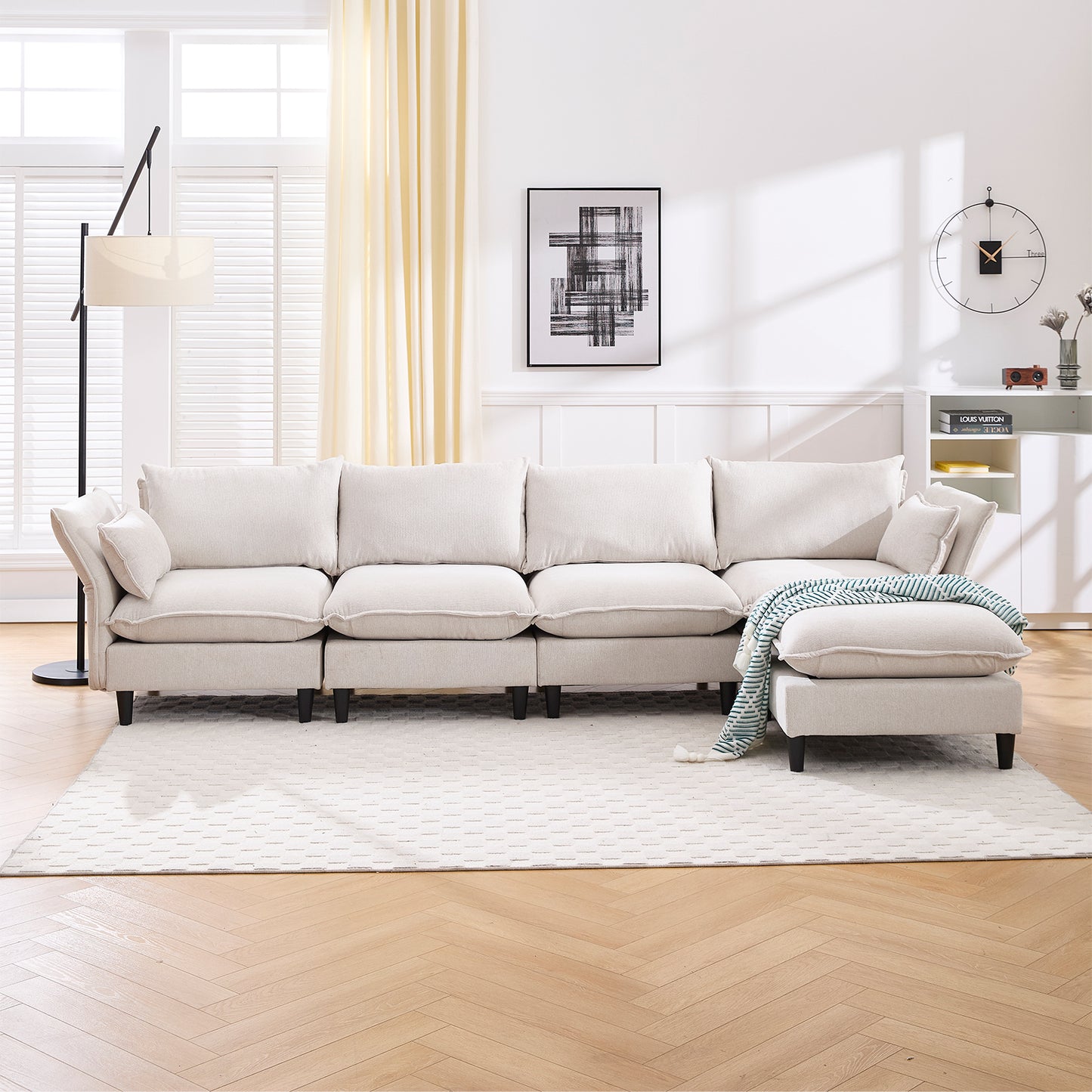Modular L - Shaped Sectional Sofa for Living Room: 4 - Seater with Movable Ottoman 2 Colors