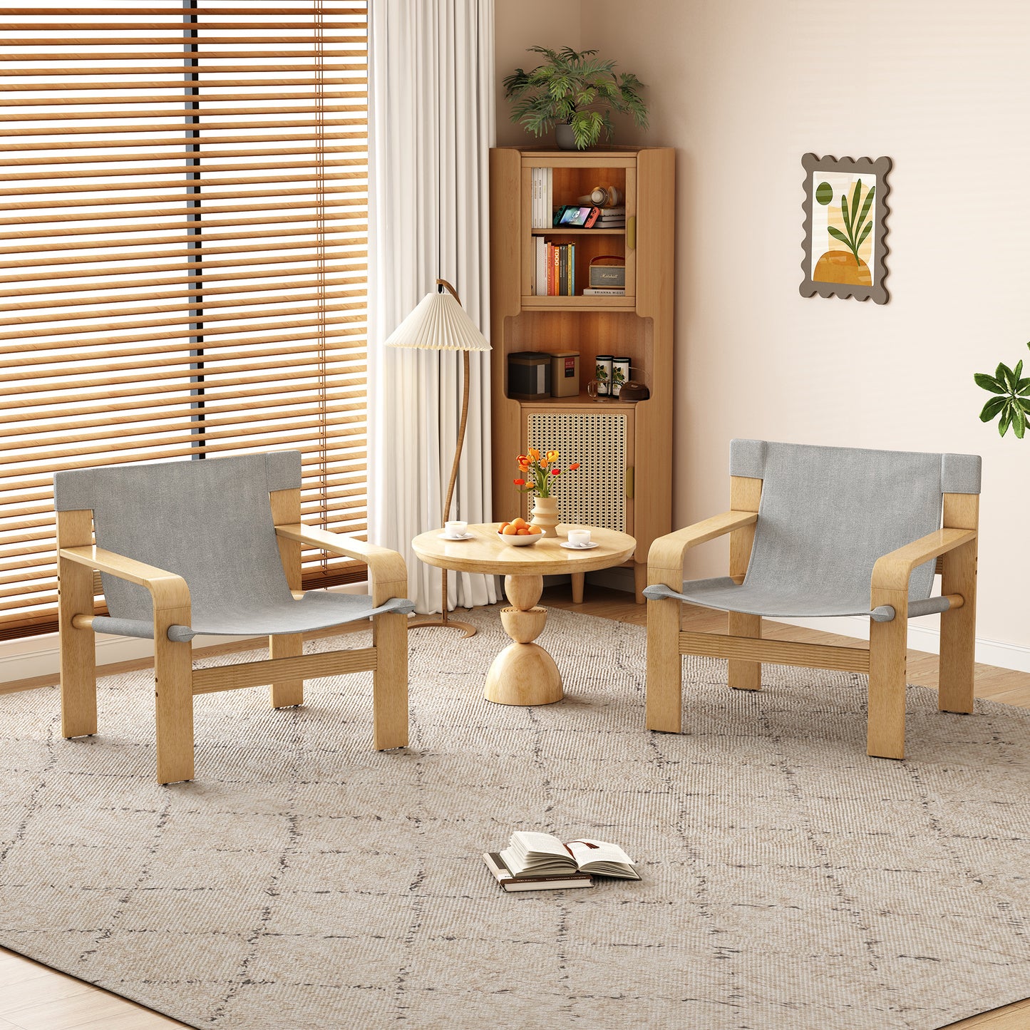 Detachable Washable Oak Accent Chair | Linen Fabric, Solid Wood Frame – Lounge Chair for Living Room, Bedroom, Office (Light Grey/Dark Grey)
