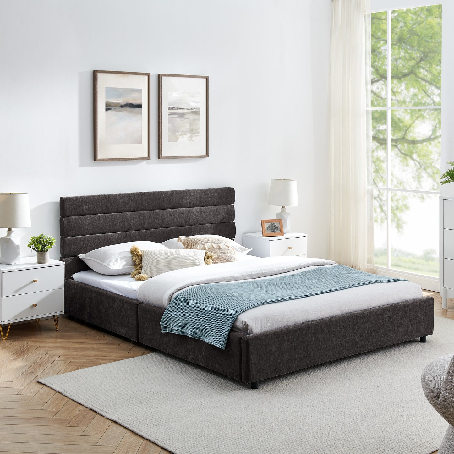 Comfortable Cushioned Bed Frame with Drawers: Headboard & Solid Build 3Colors
