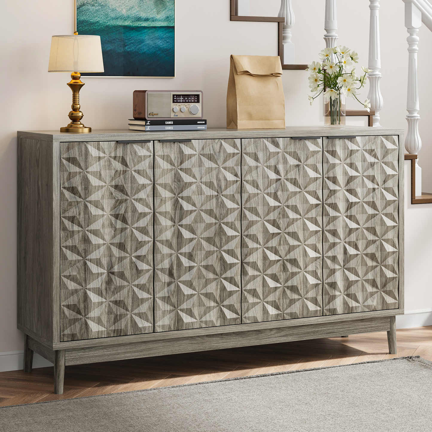 Carved 4 Door Sideboard,Multifunctional Accent Cabinet With Adjustable Layer Board For Living Room, Entryway, Hallway, Office, Kitchen and Dining Room