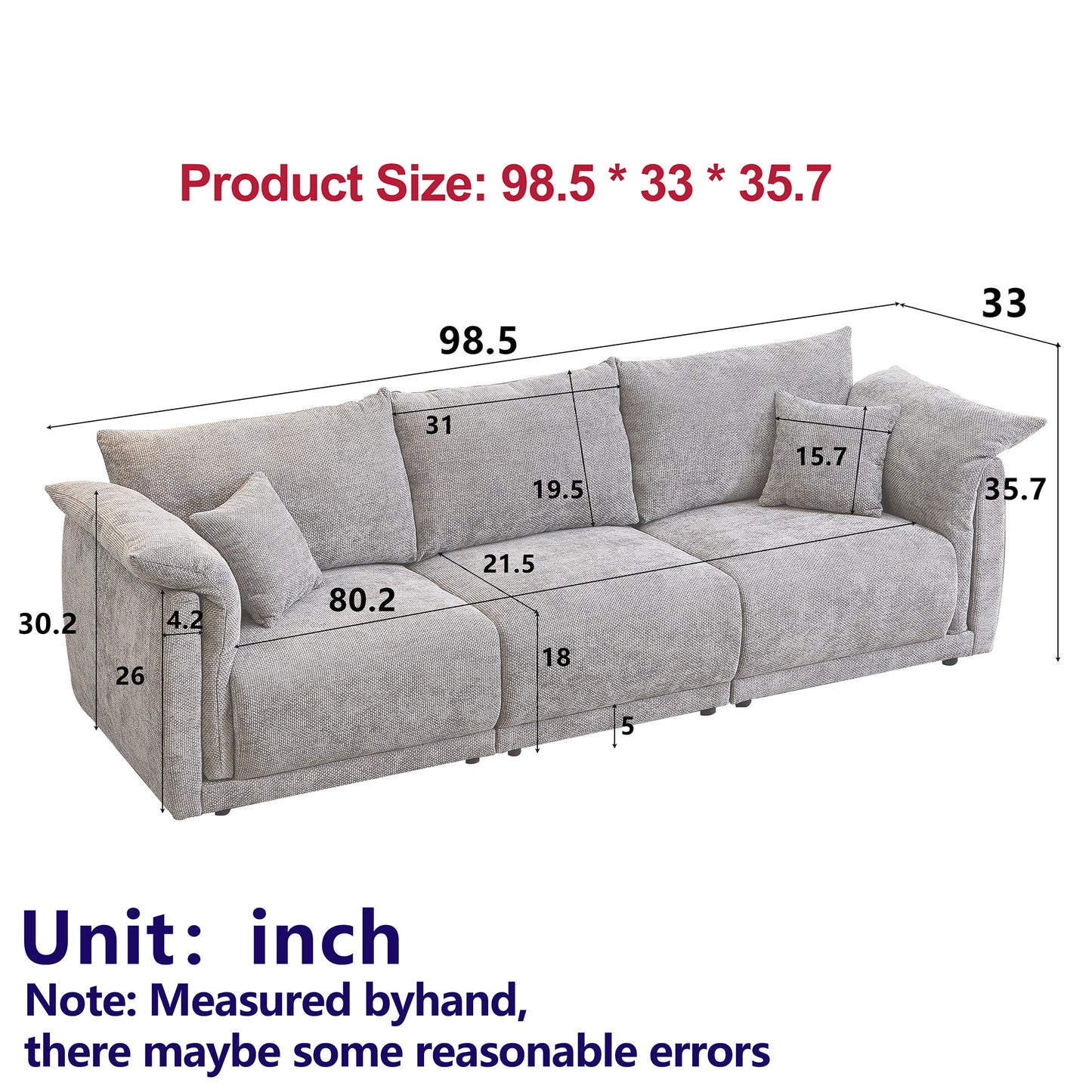 3-seater sofa with unique design and soft arm pillows Contemporary style linen sofa with 3 comfortable cushions with 2 pillows