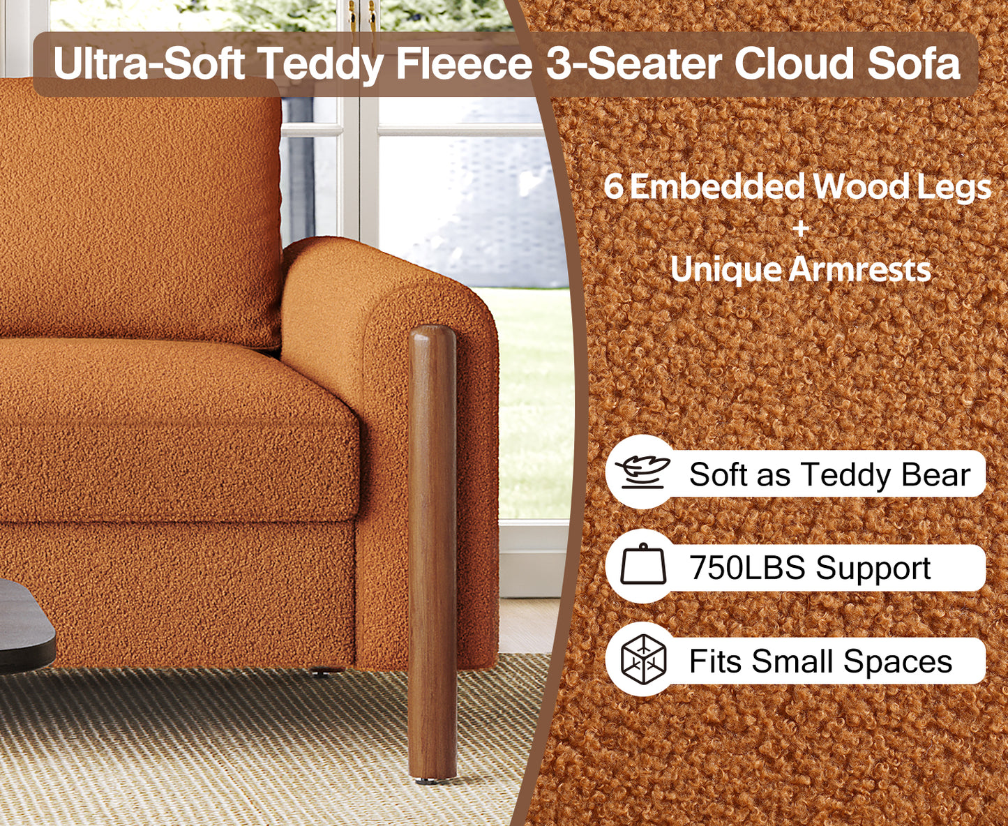 3-Seater Sofa with Curved Armrest & Integrated Solid Wood Frame – Teddy Velvet Fabric