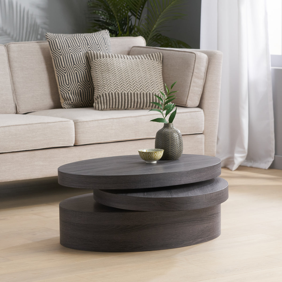 Modernesque Rotating Coffee Table – Oval Mod Coffee Table with 3 Surfaces, Matte Black