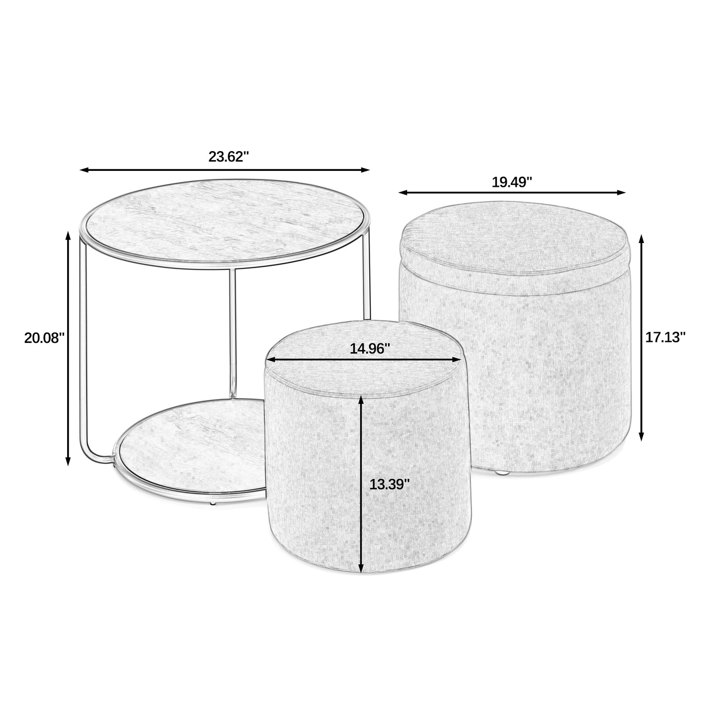 Multi-functional combination set table Ottoman with drum stool, with storage space Set of 3