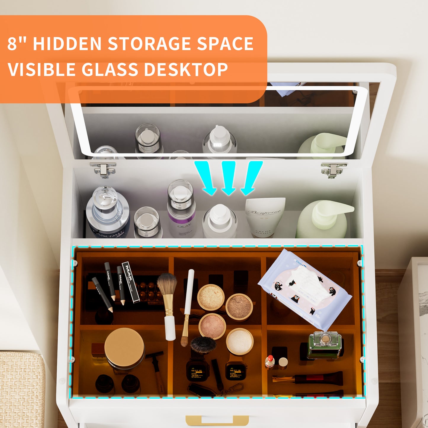 23.6'' Wide Makeup Vanity Table: Flip - Top Lighted, 3 - in - 1 with Storage Stool, Glass, LED, Power Outlet