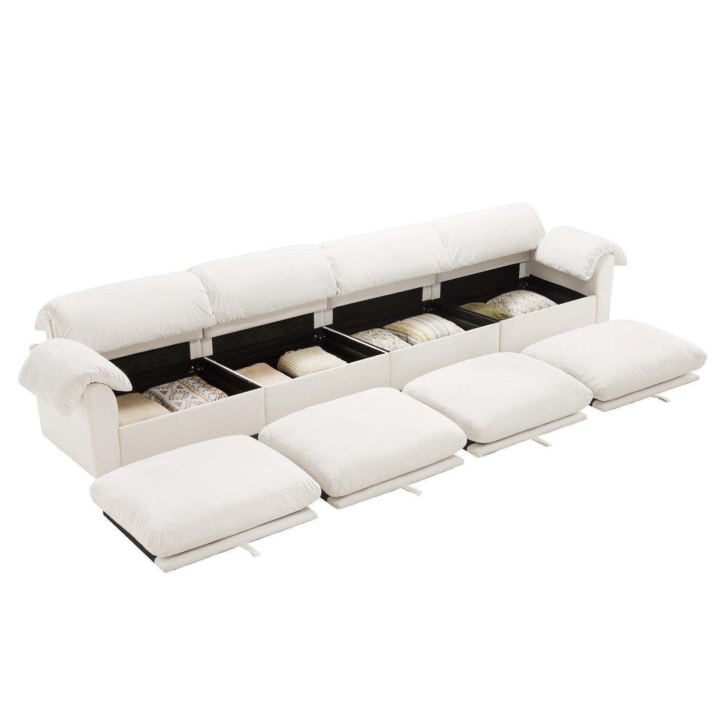 3 - 4 Seater Modular Sofa: U/L - Shape, Storage Ottomans, Velvet 2 Color