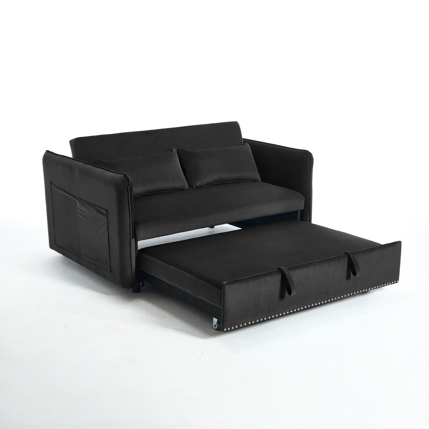 Velvet 3 in 1 Convertible Sleeper Futon Sofa Bed, Small Loveseat Lounge Couches with 2 Pillows, Reclining Backrest, Side Pockets