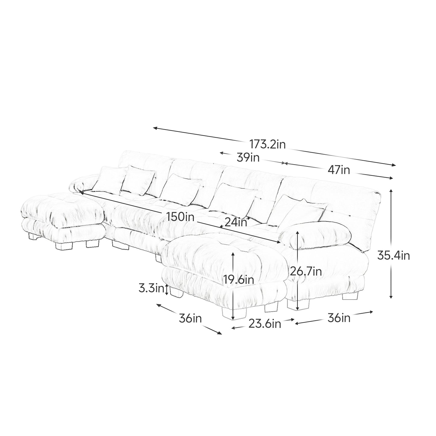 Chenille Cloud Couch: 2 - 4 Seater L - Shape Sofa for Living Room with Pillows