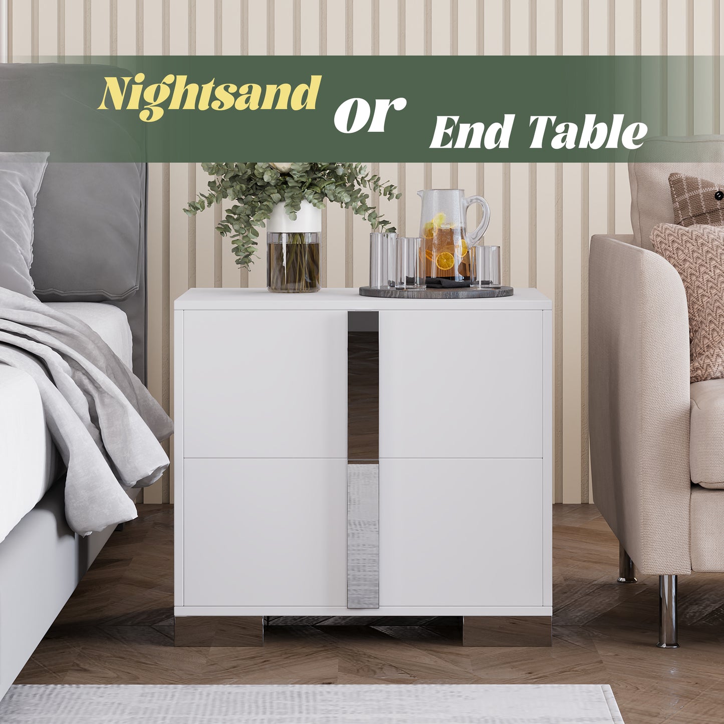 Nightstand with Metal Foot &amp; Mirrored Metal Handles | 2-Drawer Wood Bedside Table – White/Grey/Black, Silent Slides