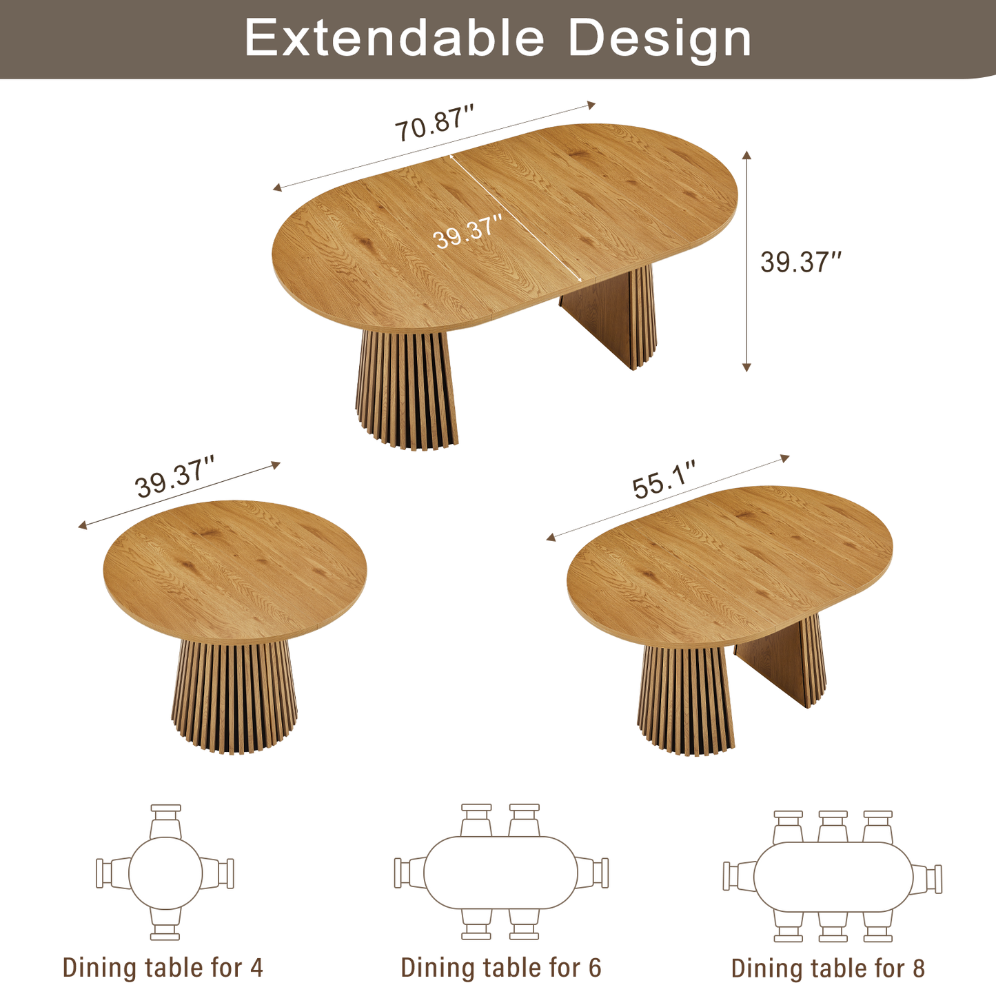Wooden Dining Table | Flexible And Extendable with Slatted Table Legs – Oval Expandable Table for 4- 6, MDF+Wood