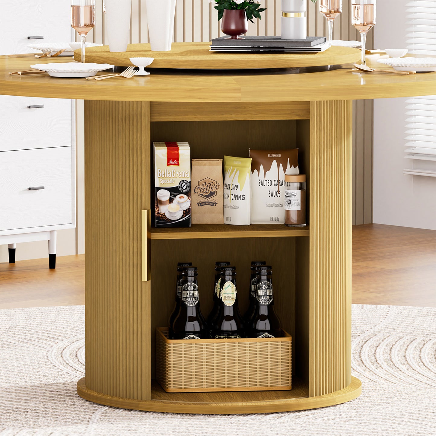 Round dining table with featuring a double-tiered storage rack and a rotating tabletop tray