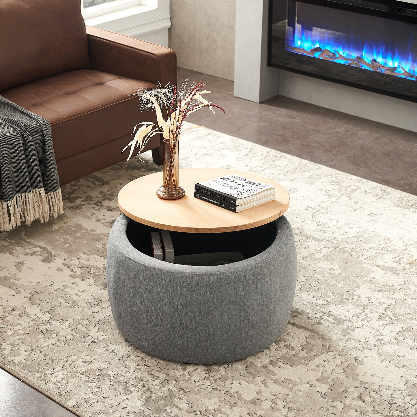 Round Storage Ottoman | 2-in-1 Function – End Table & Ottoman, Handmade Linen Fabric, Removable Top