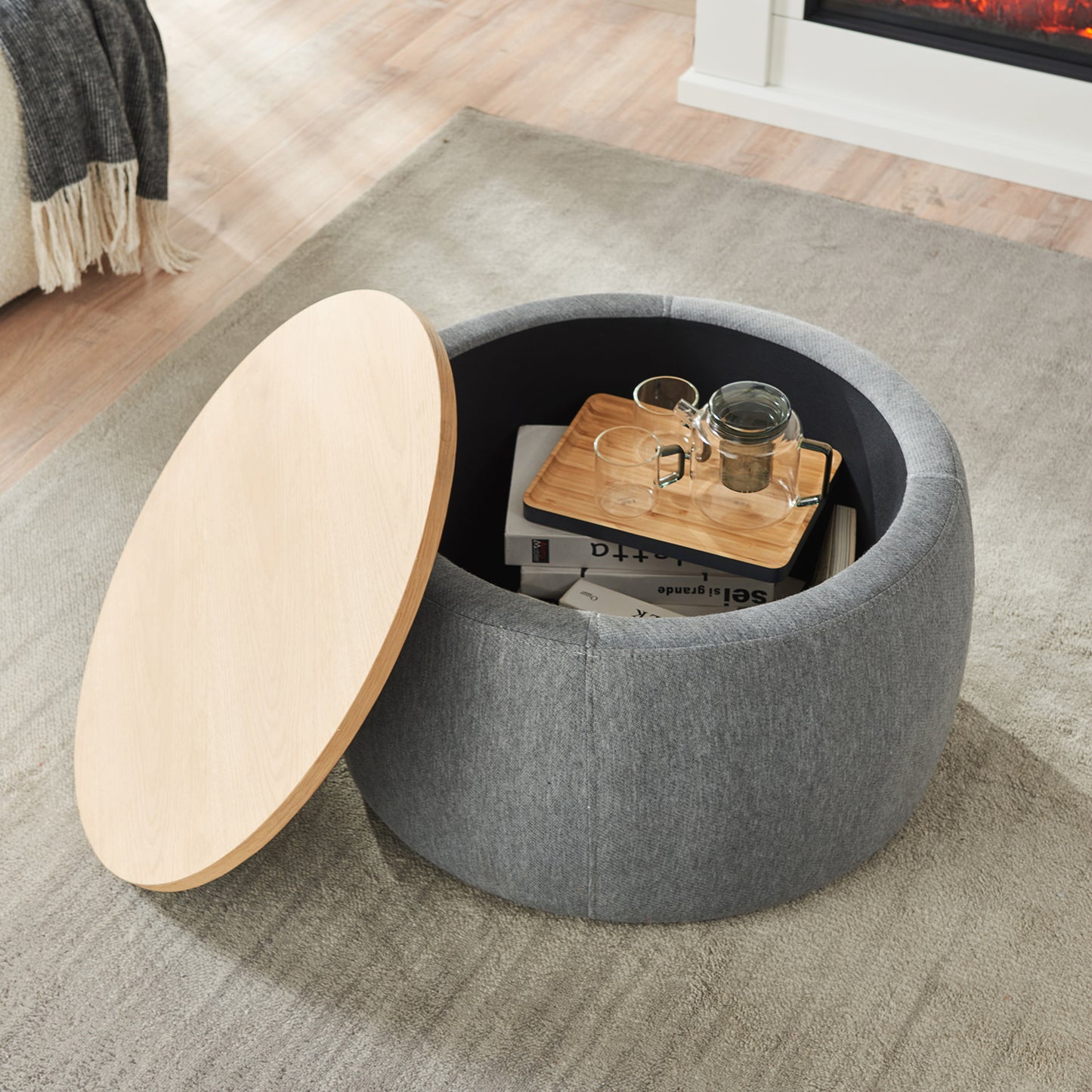 Round Storage Ottoman | 2-in-1 Function – End Table & Ottoman, Handmade Linen Fabric, Removable Top