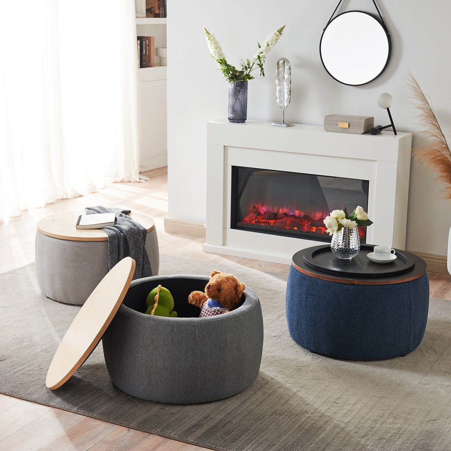 Round Storage Ottoman | 2-in-1 Function – End Table & Ottoman, Handmade Linen Fabric, Removable Top