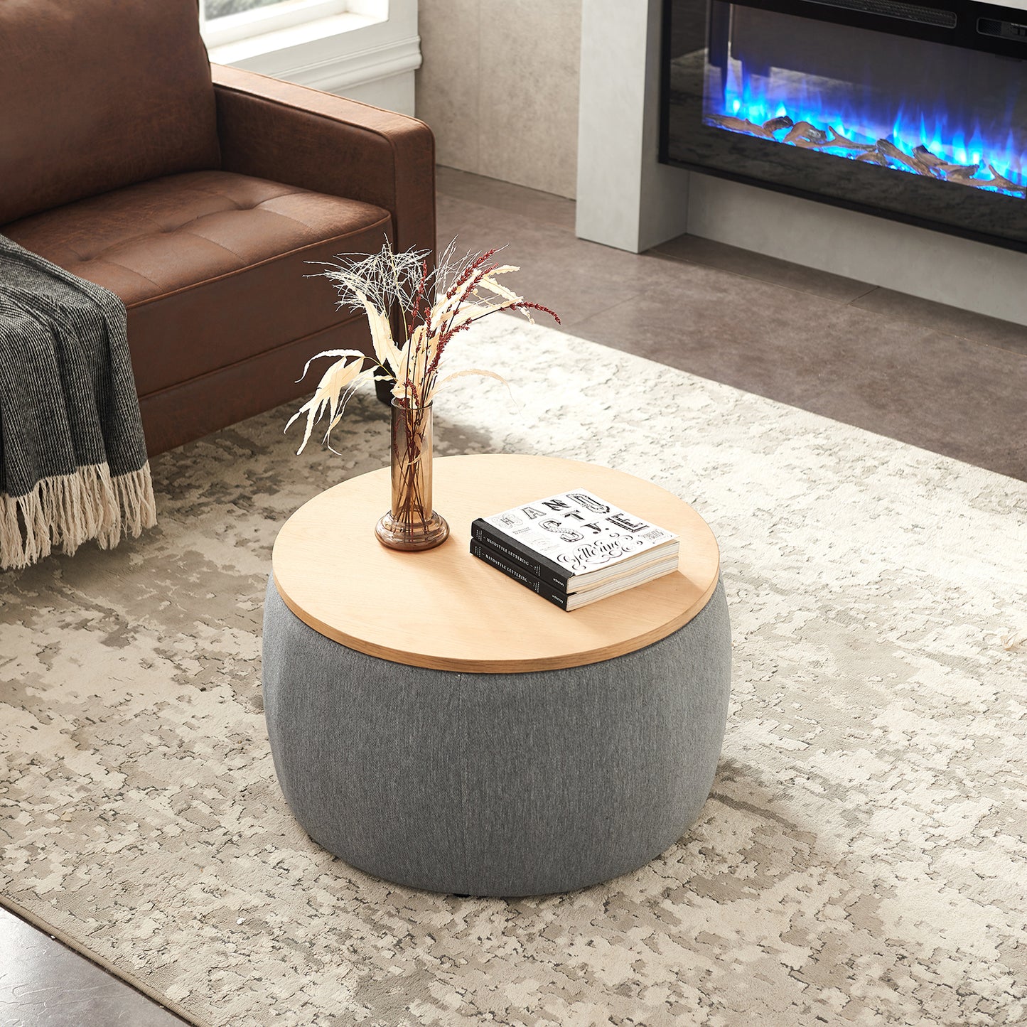 Round Storage Ottoman | 2-in-1 Function – End Table & Ottoman, Handmade Linen Fabric, Removable Top