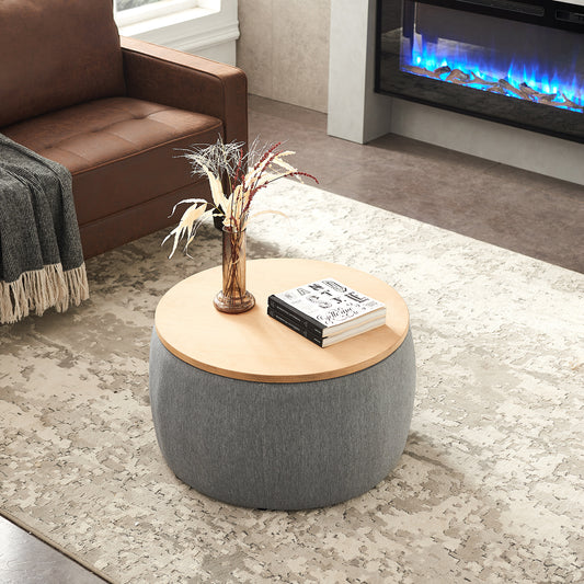 Round Storage Ottoman | 2-in-1 Function – End Table & Ottoman, Handmade Linen Fabric, Removable Top