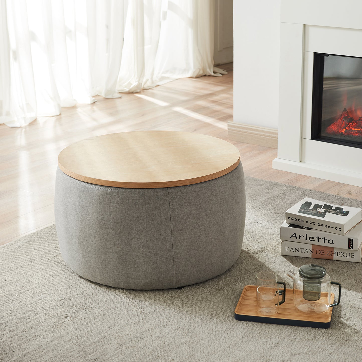 Round Storage Ottoman | 2-in-1 Function – End Table & Ottoman, Handmade Linen Fabric, Removable Top