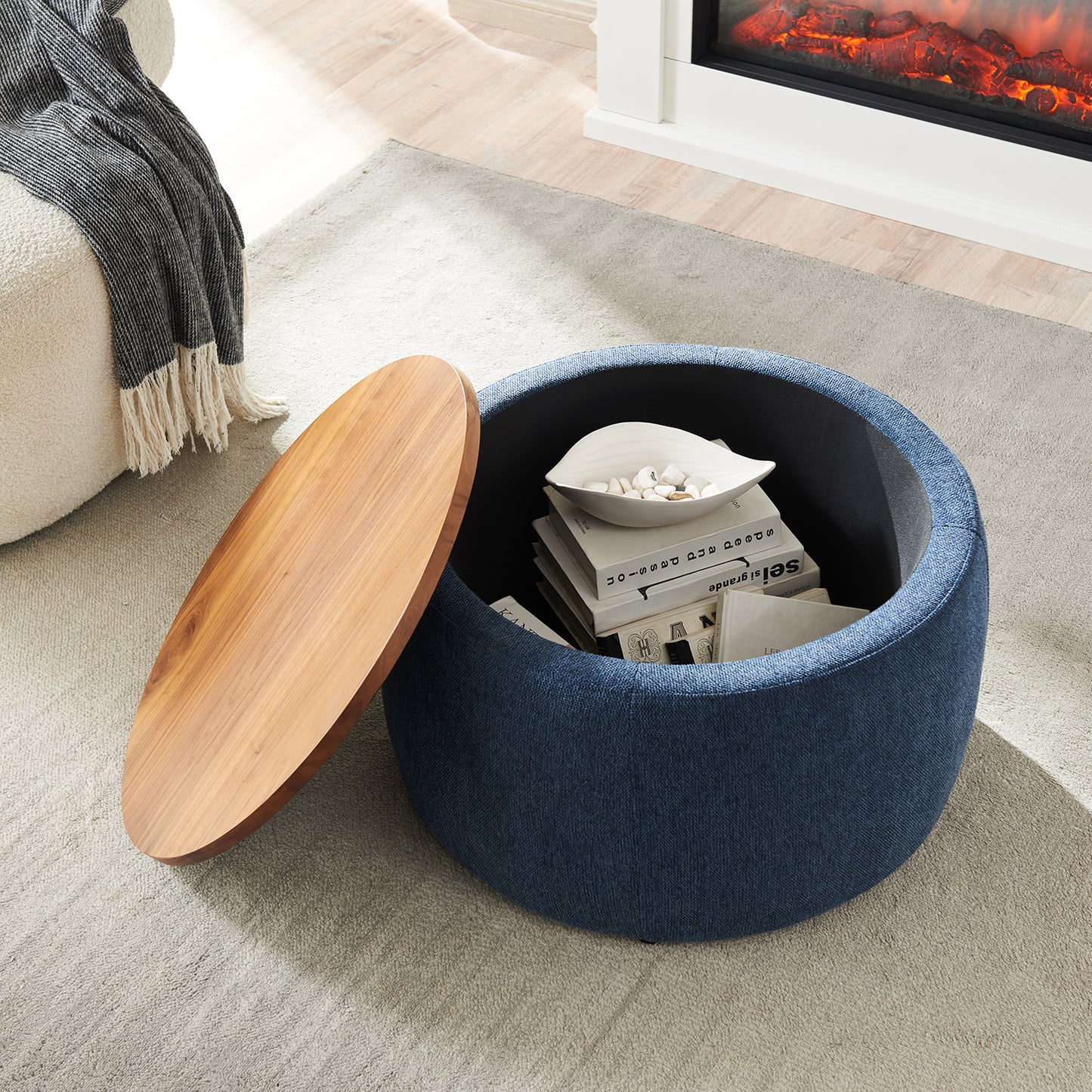 Round Storage Ottoman | 2-in-1 Function – End Table & Ottoman, Handmade Linen Fabric, Removable Top