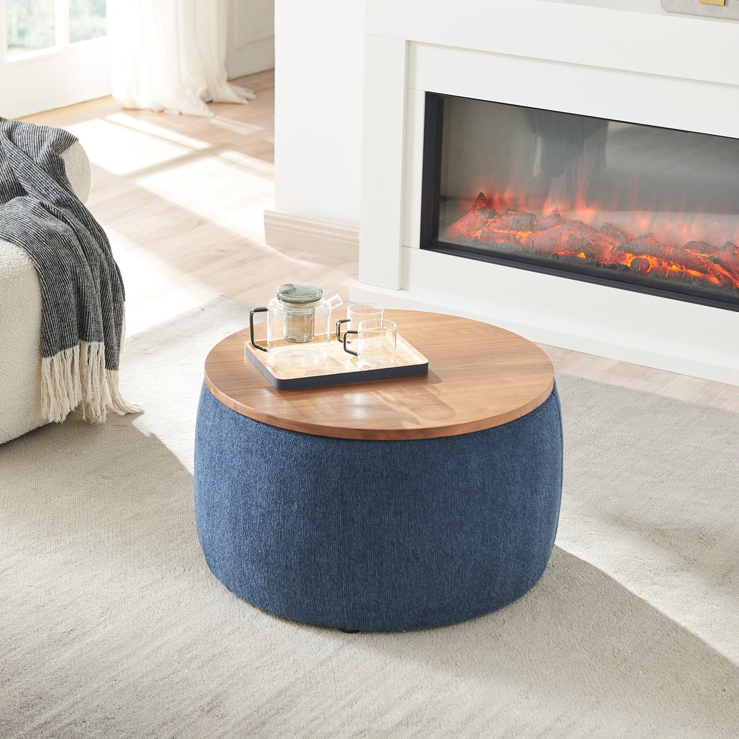 Round Storage Ottoman | 2-in-1 Function – End Table & Ottoman, Handmade Linen Fabric, Removable Top
