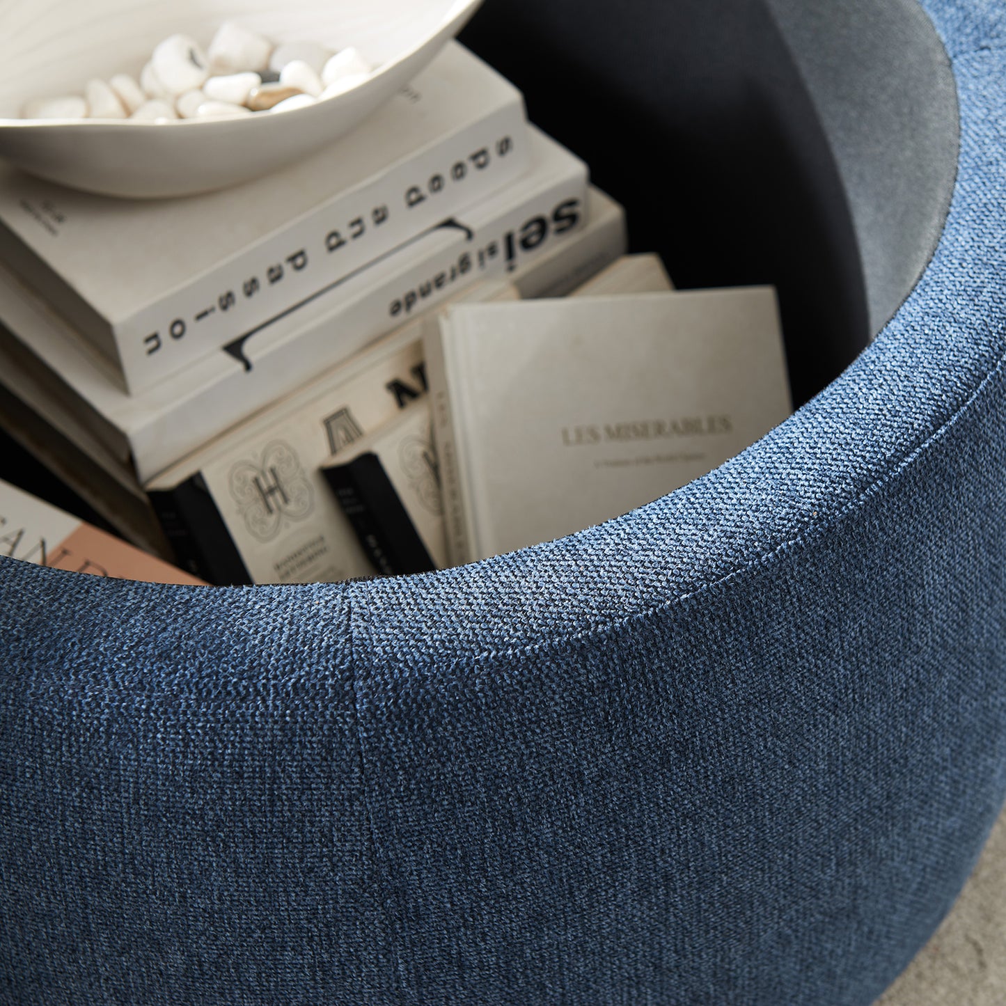 Round Storage Ottoman | 2-in-1 Function – End Table & Ottoman, Handmade Linen Fabric, Removable Top