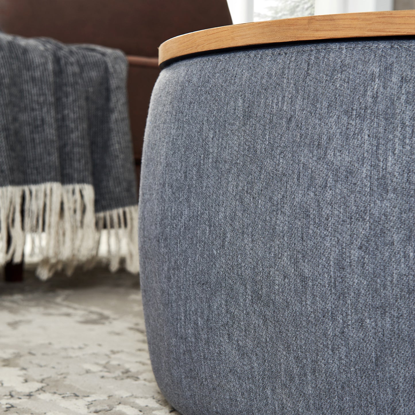 Round Storage Ottoman | 2-in-1 Function – End Table & Ottoman, Handmade Linen Fabric, Removable Top