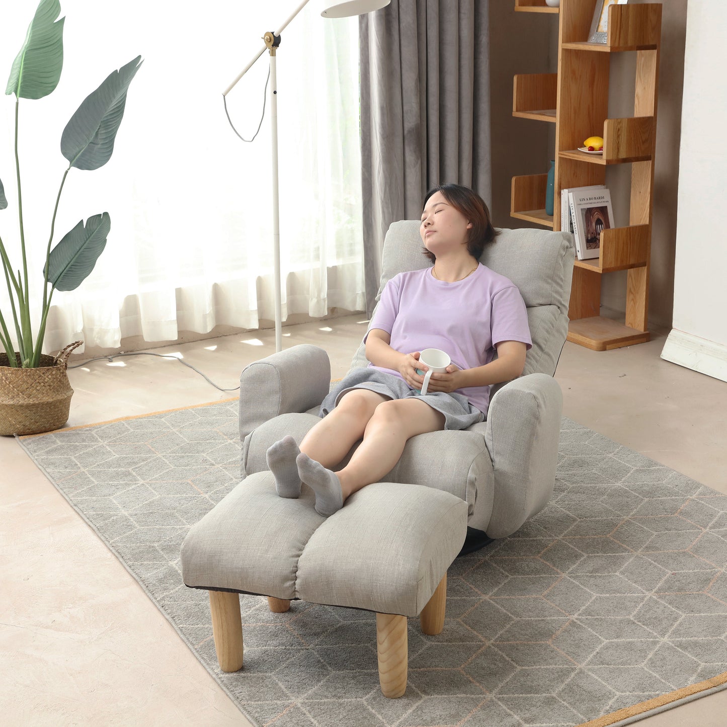360° Adjustable Lounge Chair with Head &amp; Waist Support – 5-Angle Recliner with Ottoman, Solid Steel Frame