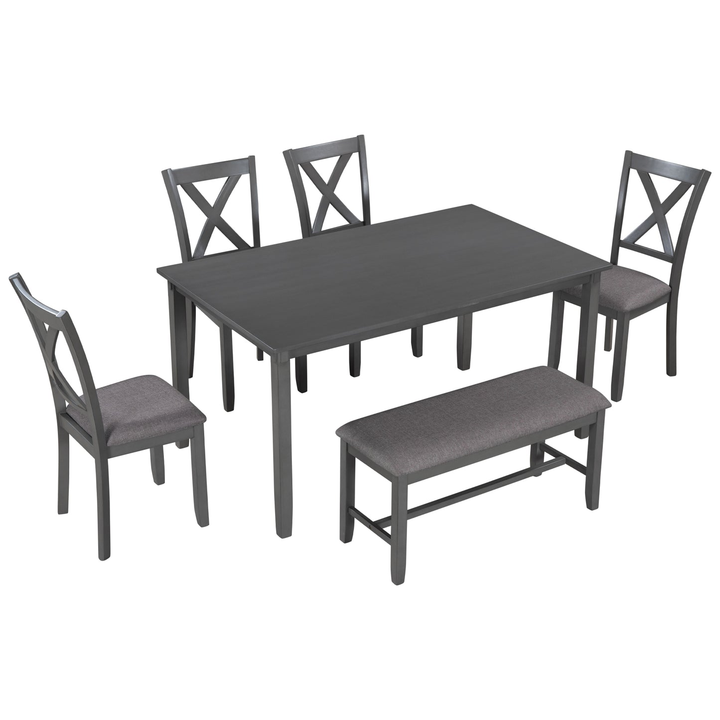 6-Piece Dining Table Set With  1 Wooden Rectangular Dining Table 4 Fabric Chairs 1 Bench