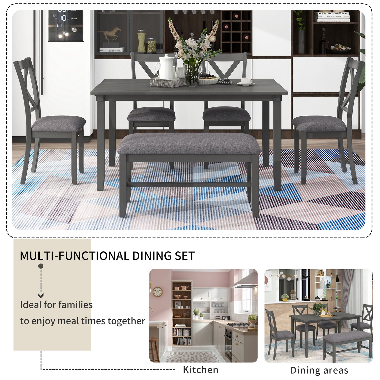 6-Piece Dining Table Set With  1 Wooden Rectangular Dining Table 4 Fabric Chairs 1 Bench