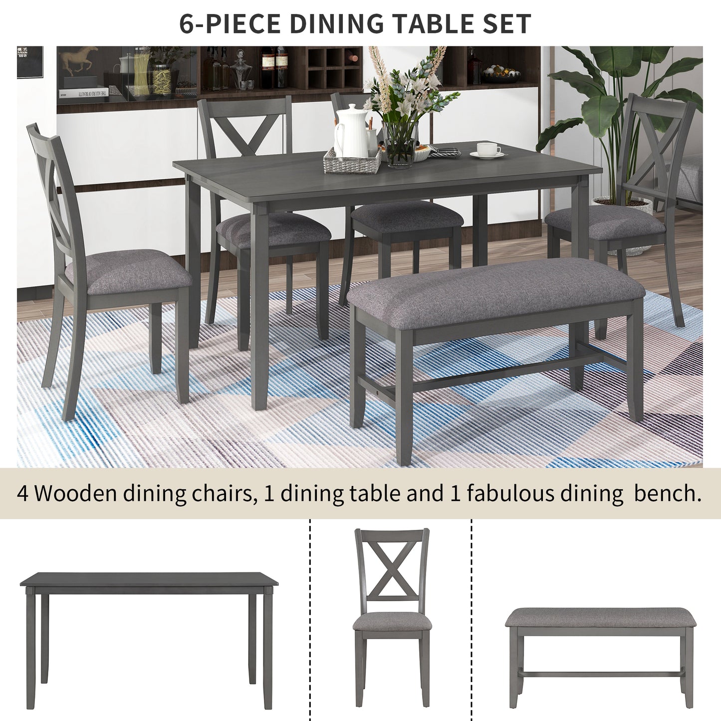 6-Piece Dining Table Set With  1 Wooden Rectangular Dining Table 4 Fabric Chairs 1 Bench