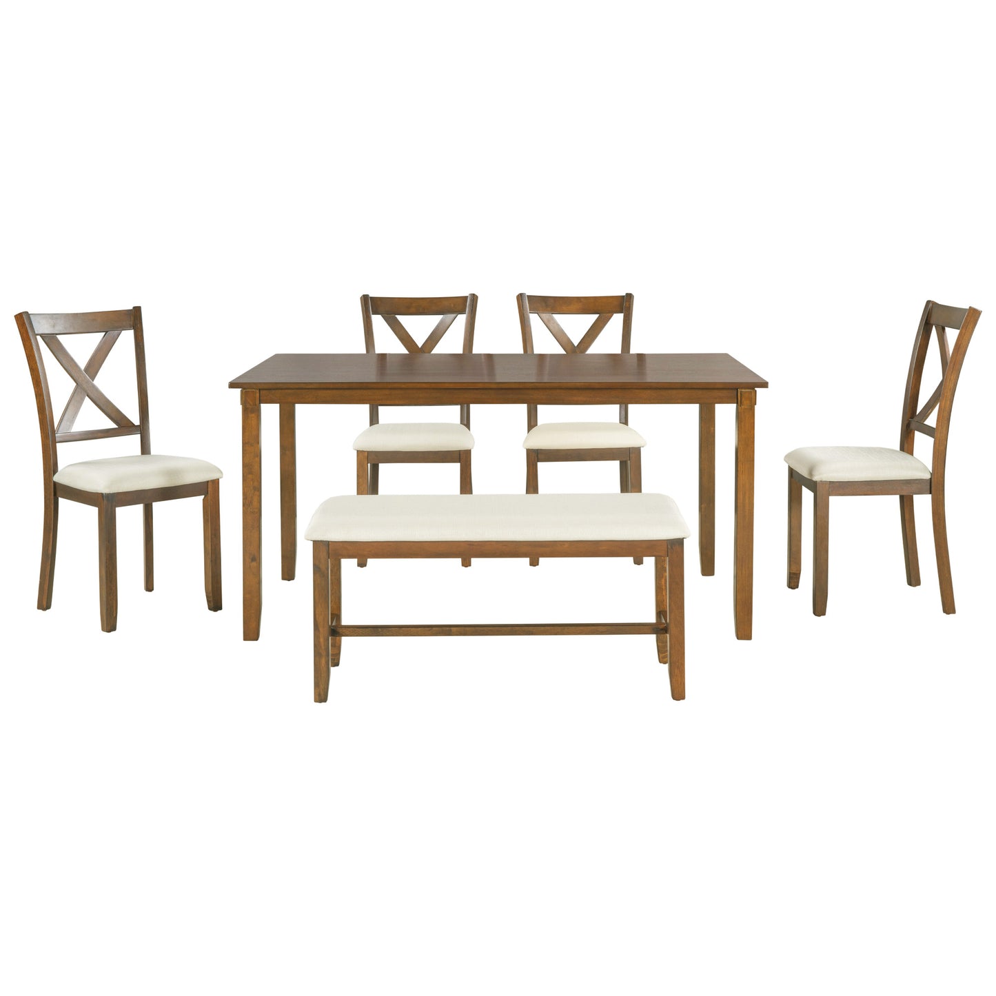 6-Piece Dining Table Set With  1 Wooden Rectangular Dining Table 4 Fabric Chairs 1 Bench