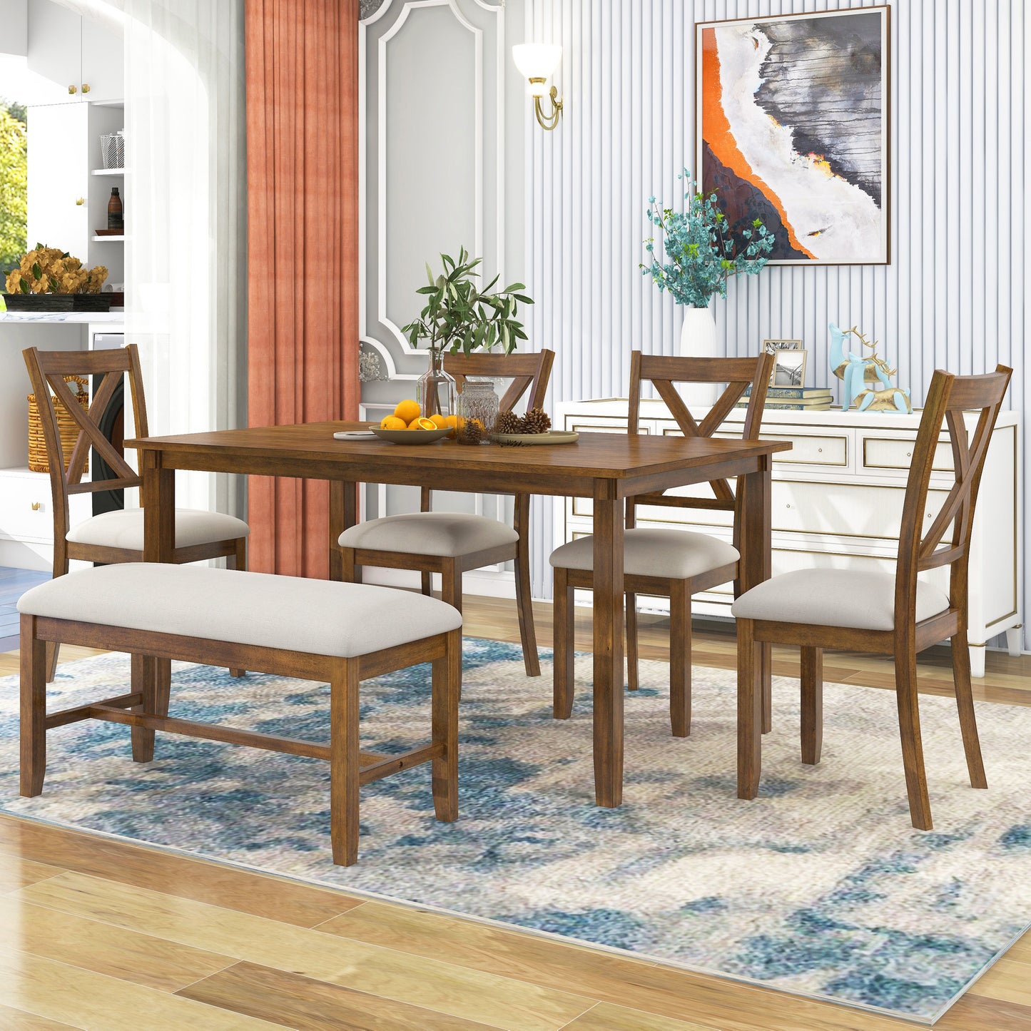 6-Piece Dining Table Set With  1 Wooden Rectangular Dining Table 4 Fabric Chairs 1 Bench