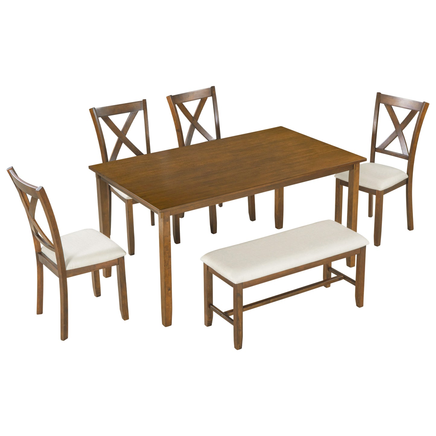 6-Piece Dining Table Set With  1 Wooden Rectangular Dining Table 4 Fabric Chairs 1 Bench