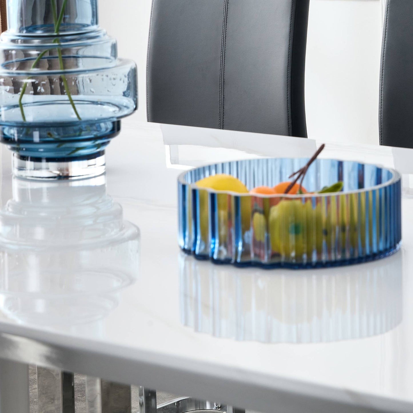 White Rectangular With a Patterned Dining Table. MDF Table and Stainless Steel Frame