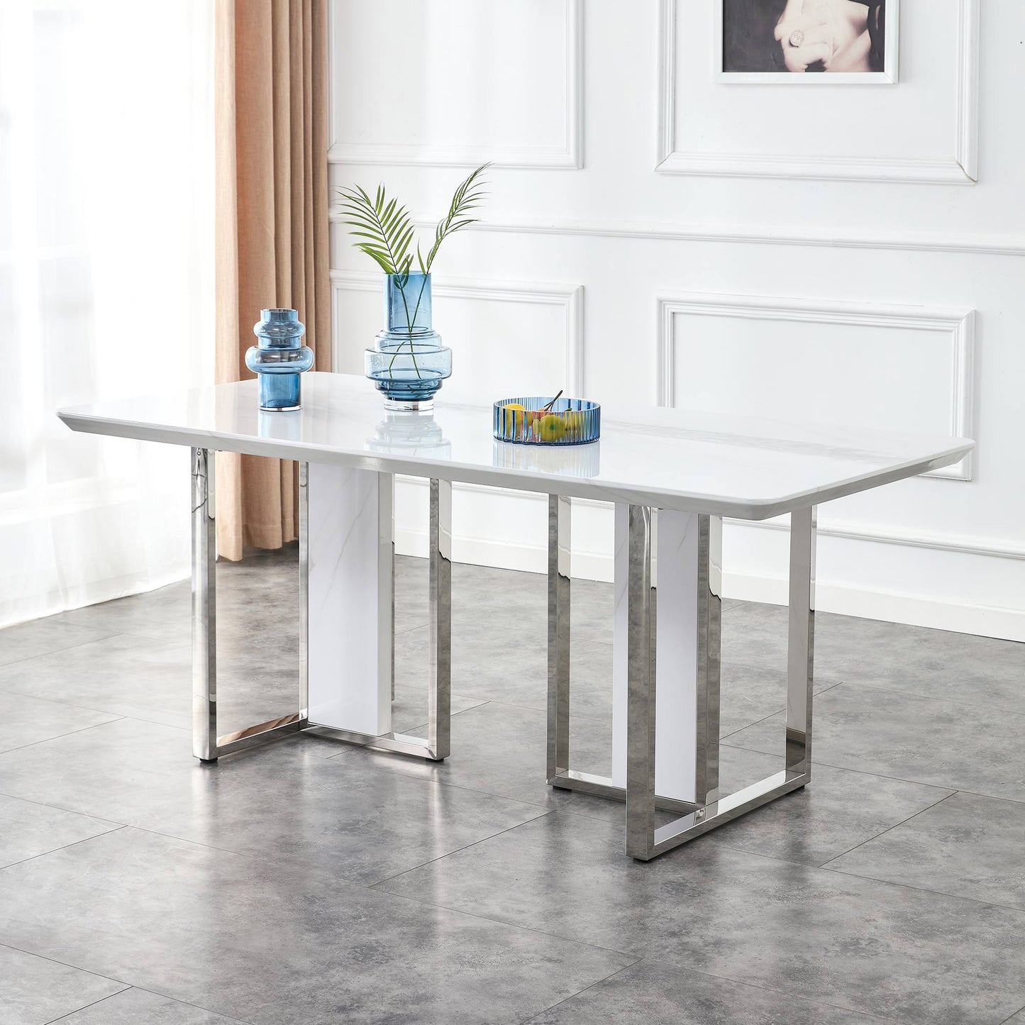 White Rectangular With a Patterned Dining Table. MDF Table and Stainless Steel Frame