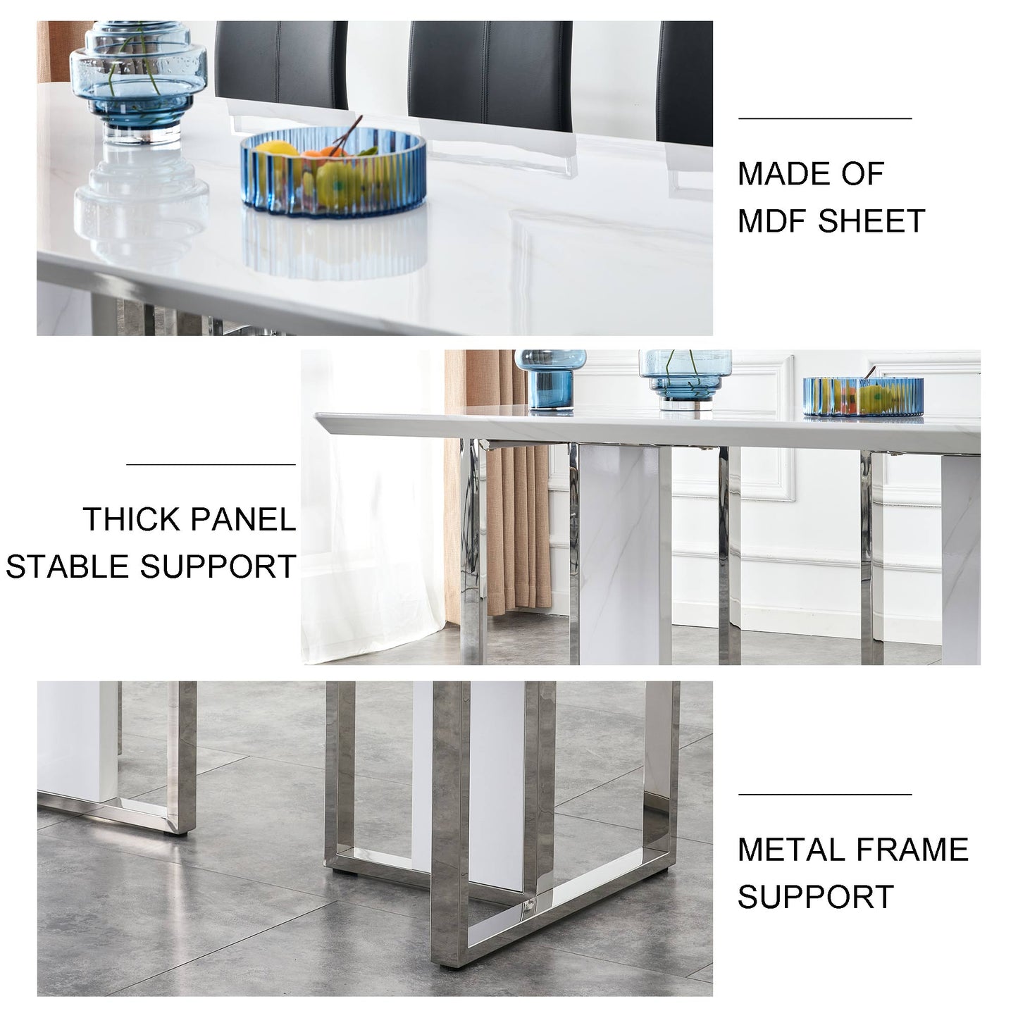 White Rectangular With a Patterned Dining Table. MDF Table and Stainless Steel Frame