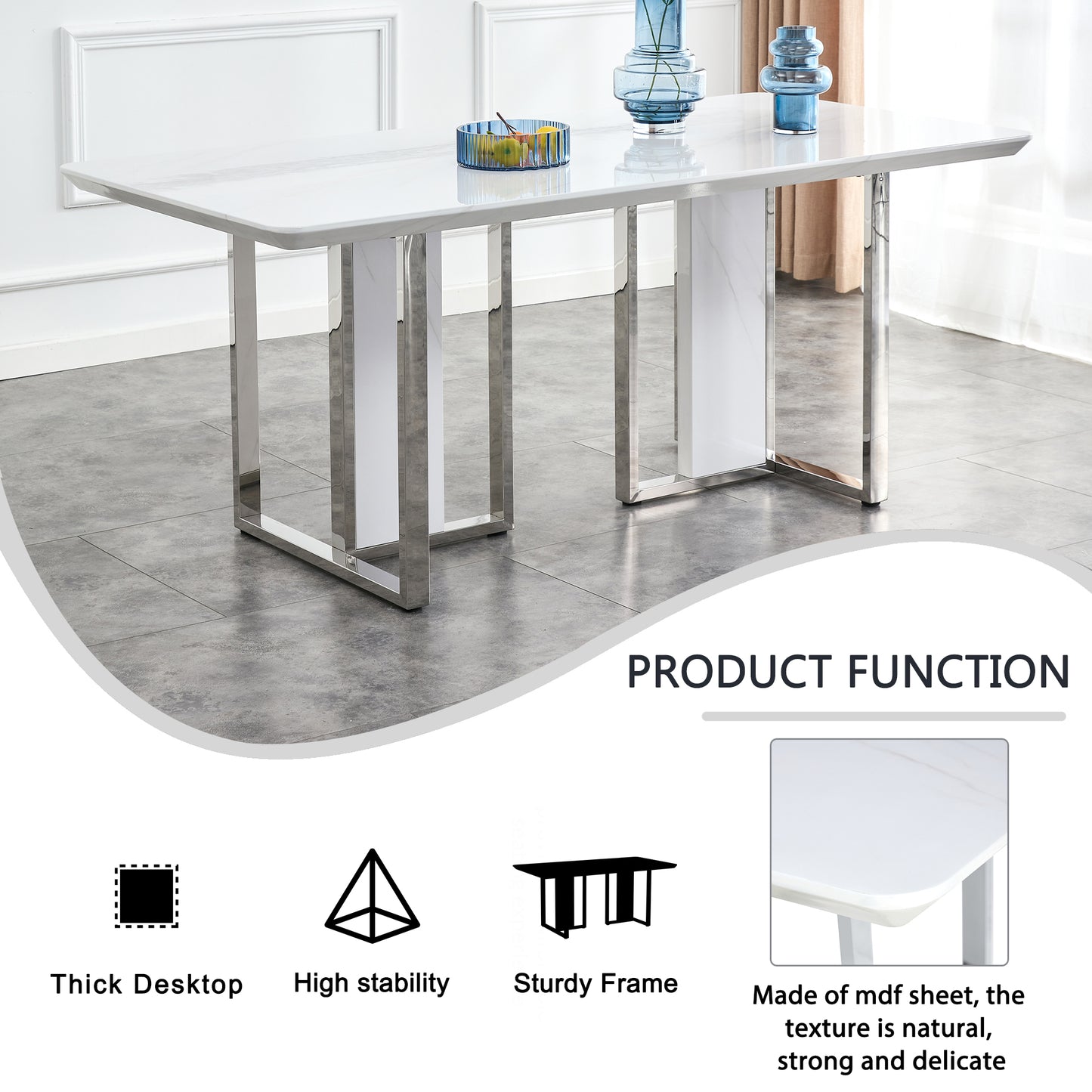 White Rectangular With a Patterned Dining Table. MDF Table and Stainless Steel Frame