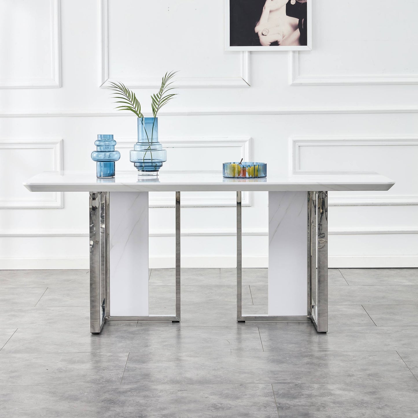 White Rectangular With a Patterned Dining Table. MDF Table and Stainless Steel Frame