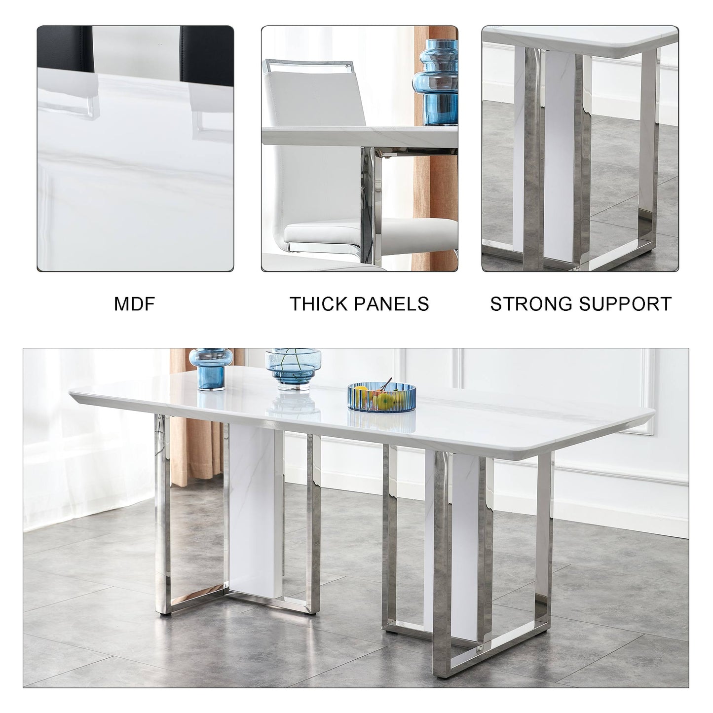 White Rectangular With a Patterned Dining Table. MDF Table and Stainless Steel Frame