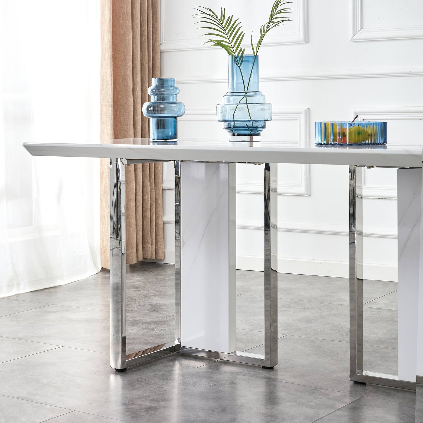 White Rectangular With a Patterned Dining Table. MDF Table and Stainless Steel Frame