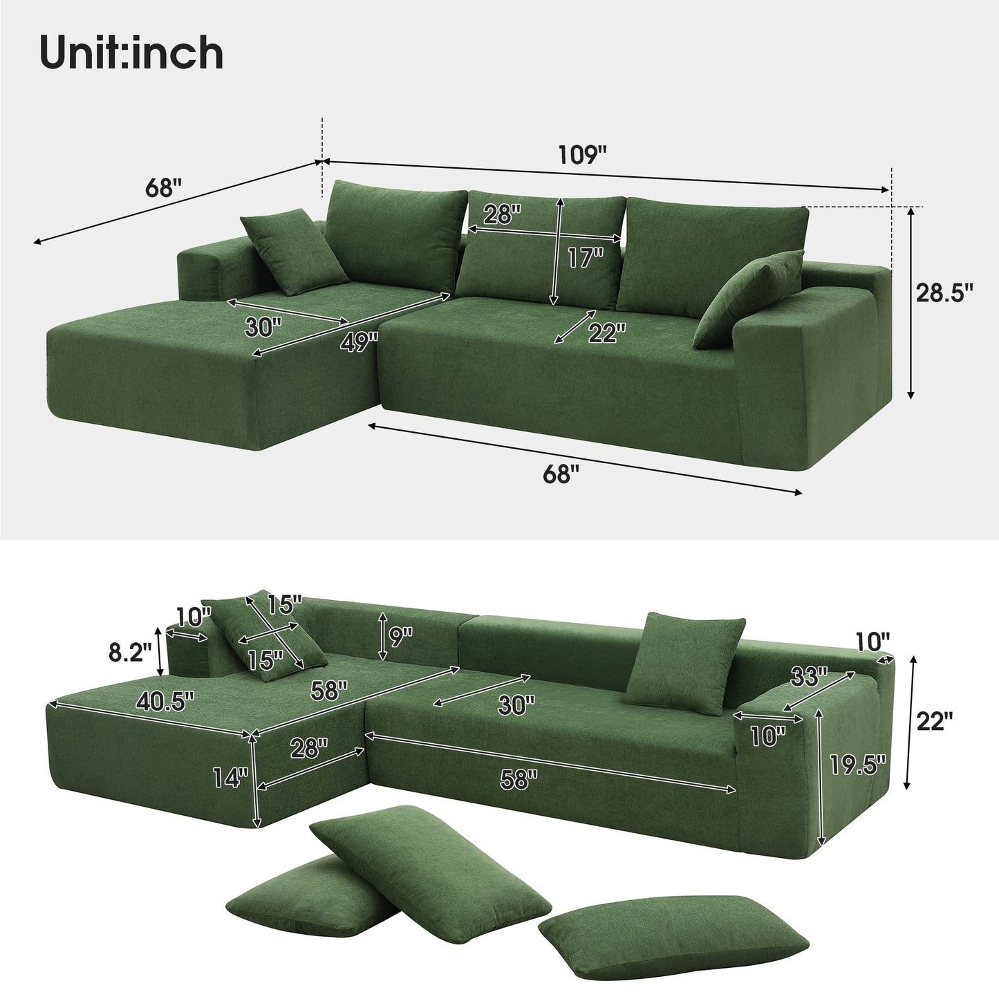 110" Minimalist Modular Sectional Sofa: Wrinkle - Resistant Chenille 3 Color