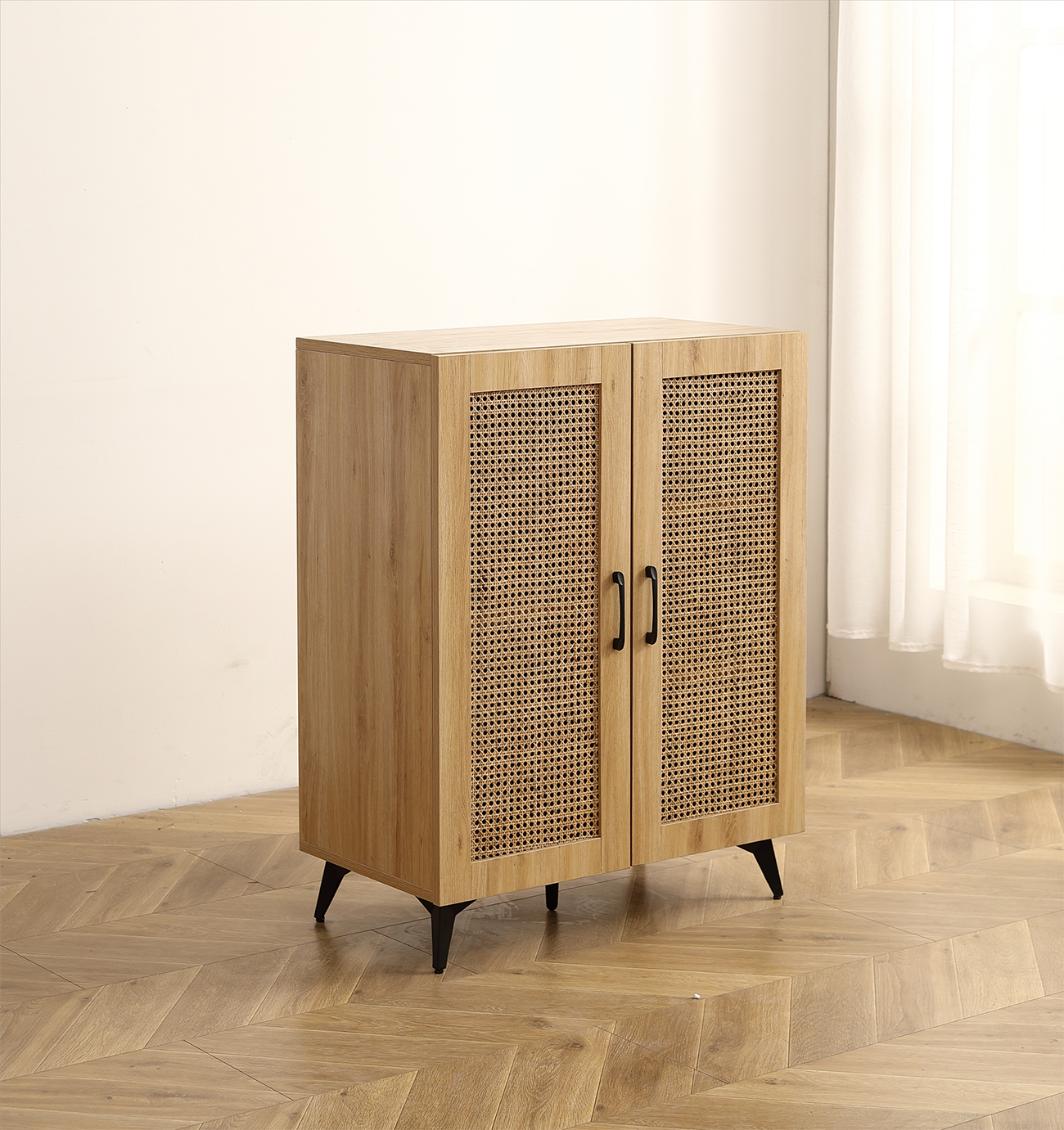Natural Rattan Storage Cabinet Double-Door Shoe Cabinet with Large Storage Space