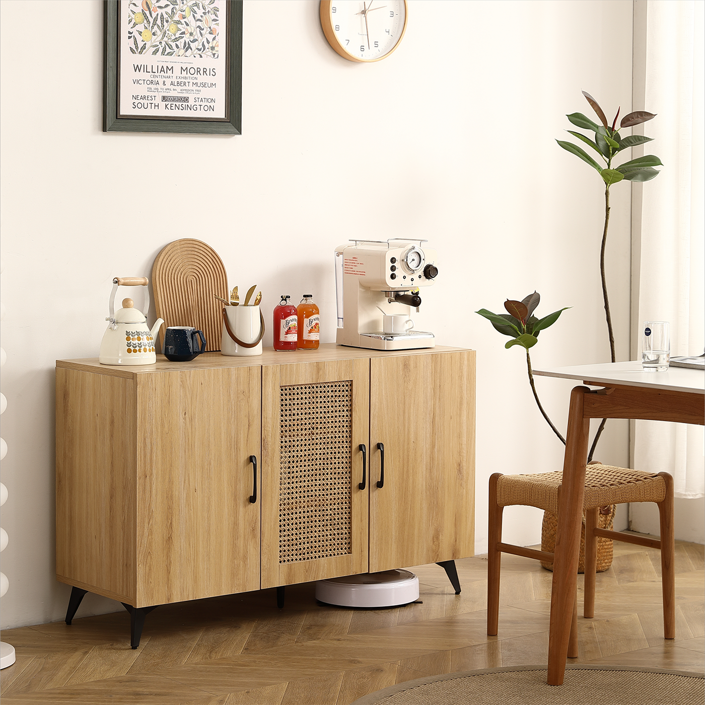 Three-Door Cabinet with Natural Rattan Mesh - Large Storage Space
