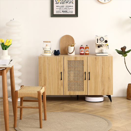 Three-Door Cabinet with Natural Rattan Mesh - Large Storage Space