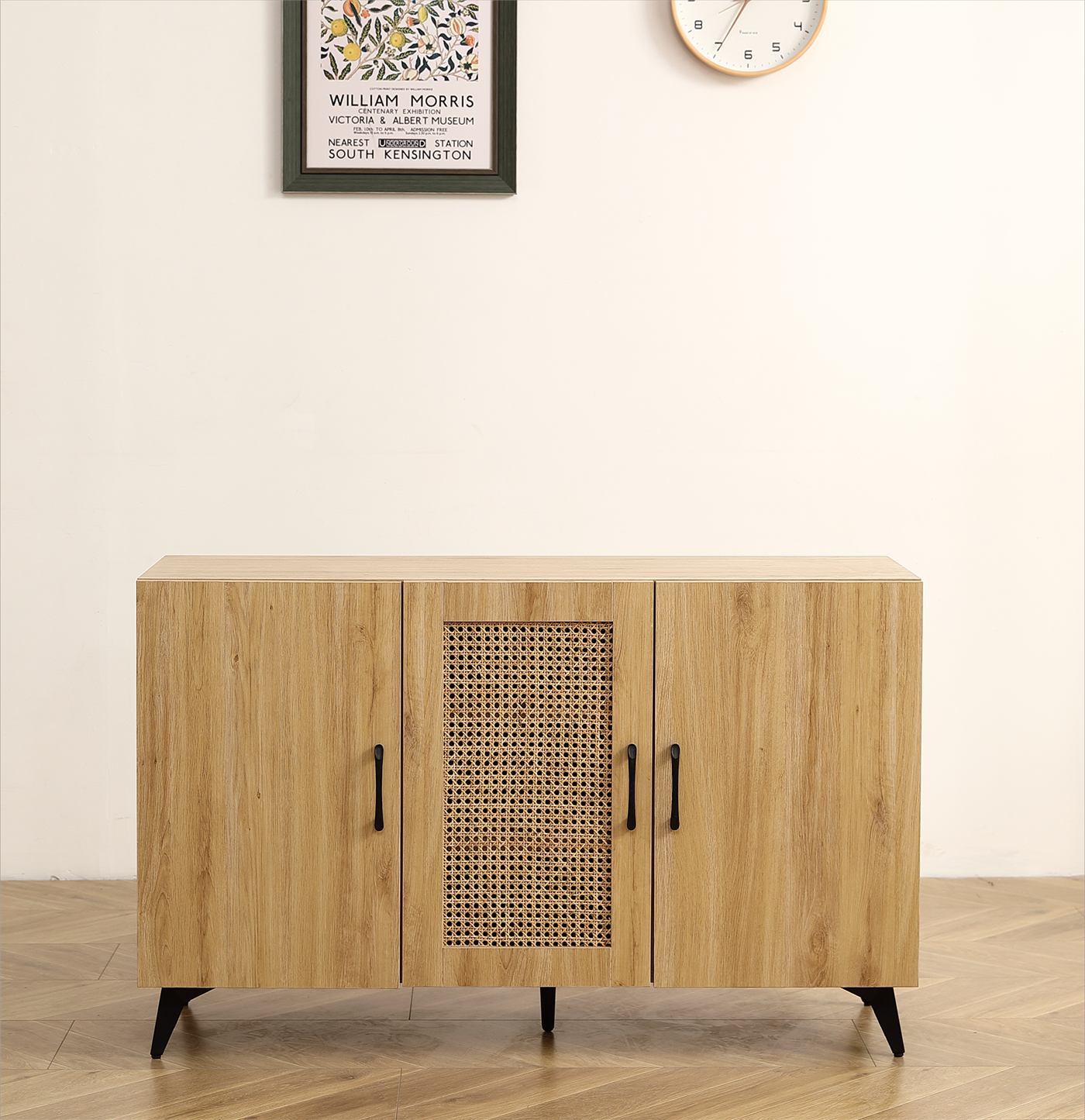 Three-Door Cabinet with Natural Rattan Mesh - Large Storage Space