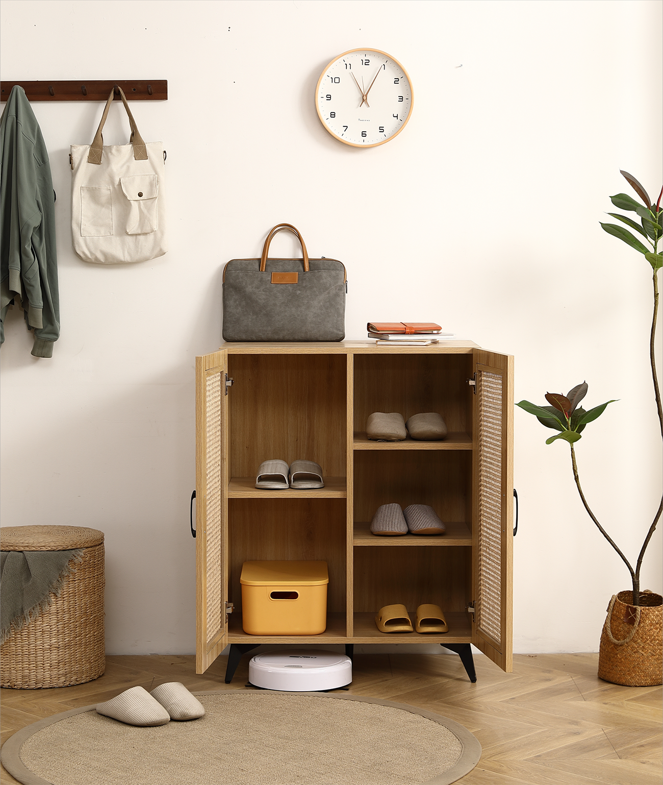 Natural Rattan Storage Cabinet Double-Door Shoe Cabinet with Large Storage Space